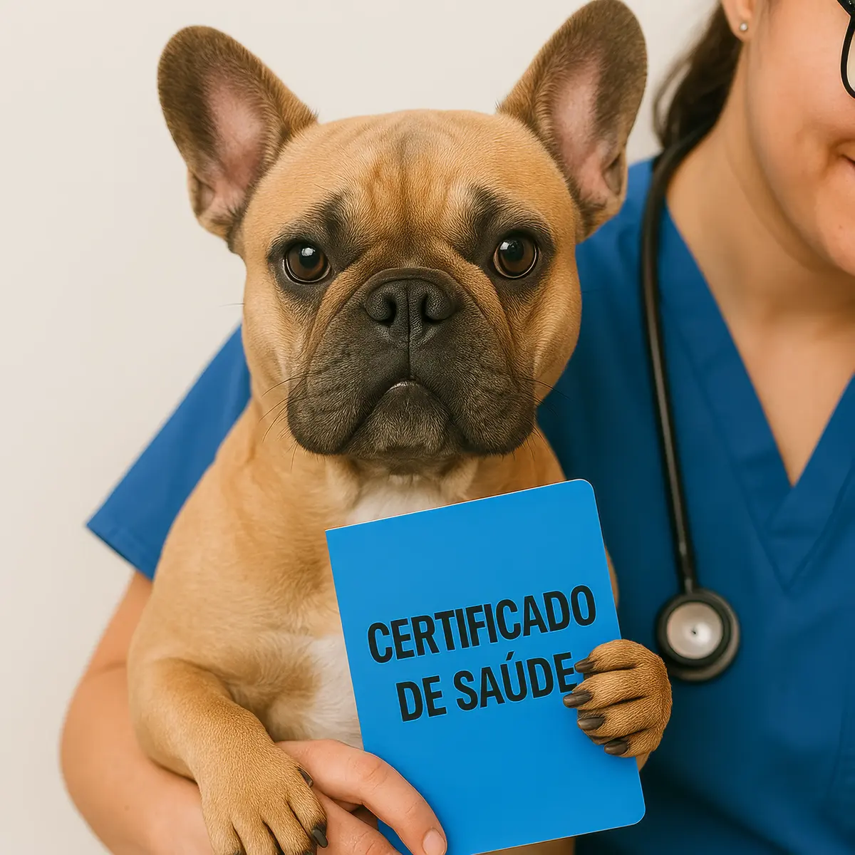 Um cão da raça Buldogue Francês no colo de uma veterinária, segurando um documento azul onde se lê 'CERTIFICADO DE SAÚDE'.